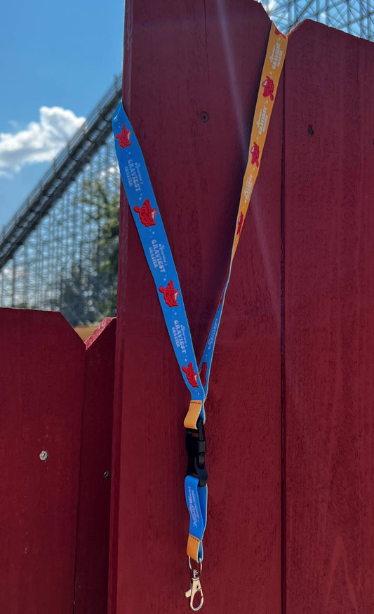 Lanyard, blue on one side, yellow on the other, alternates "Good Gravy!" logo and "America's Graviest Coaster