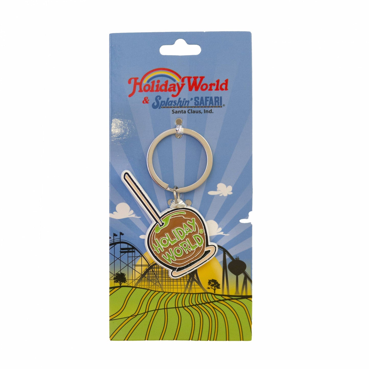 Caramel apple-shaped keychain with Holiday World written in caramel