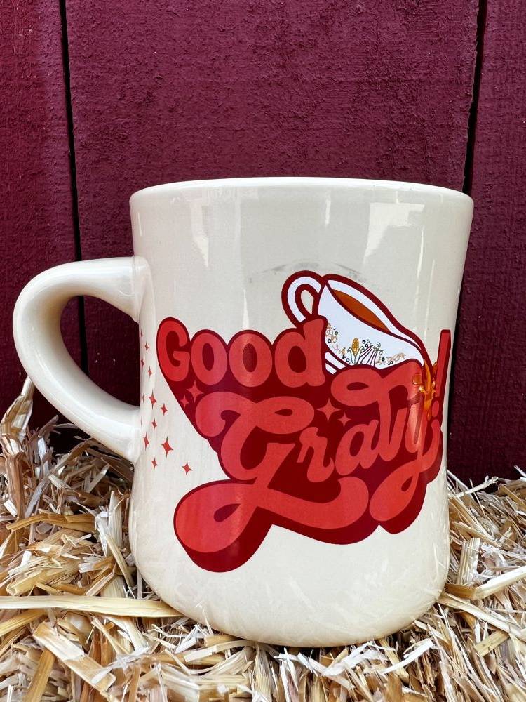 Good Gravy! Logo side of Cream-Colored coffee mug with Good Gravy! Logo and Holiday World & Splashin' Safari logo