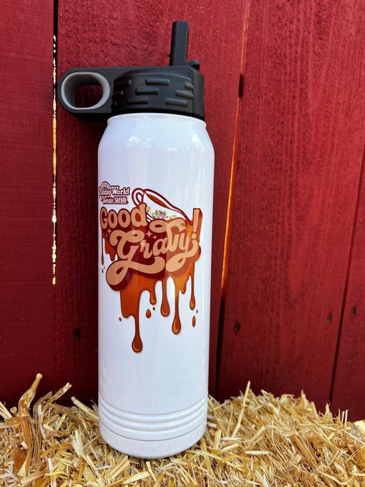 White water bottle with Good Gravy! logo on the side. Black flip top lid